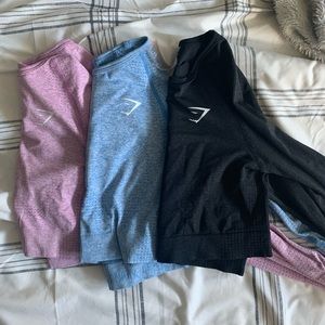 gymshark longsleeve crop tops (blue, pink, purple)